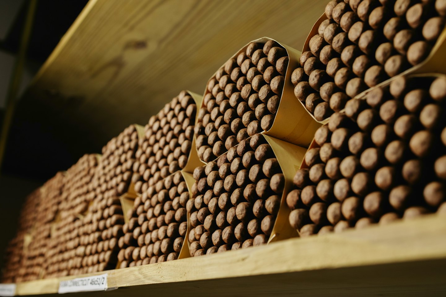 Brown cigars are organized in neat rows on wooden shelves.